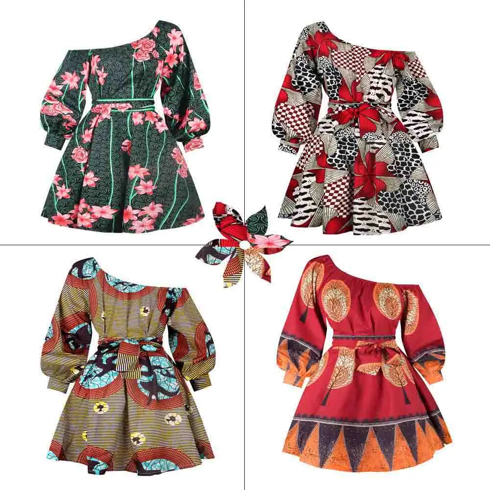 SUNGIFT Дашики африканские женские платья дамы миди платье цифровая печать изображений с цветами склон плеча с пышными рукавами платье летняя юбка