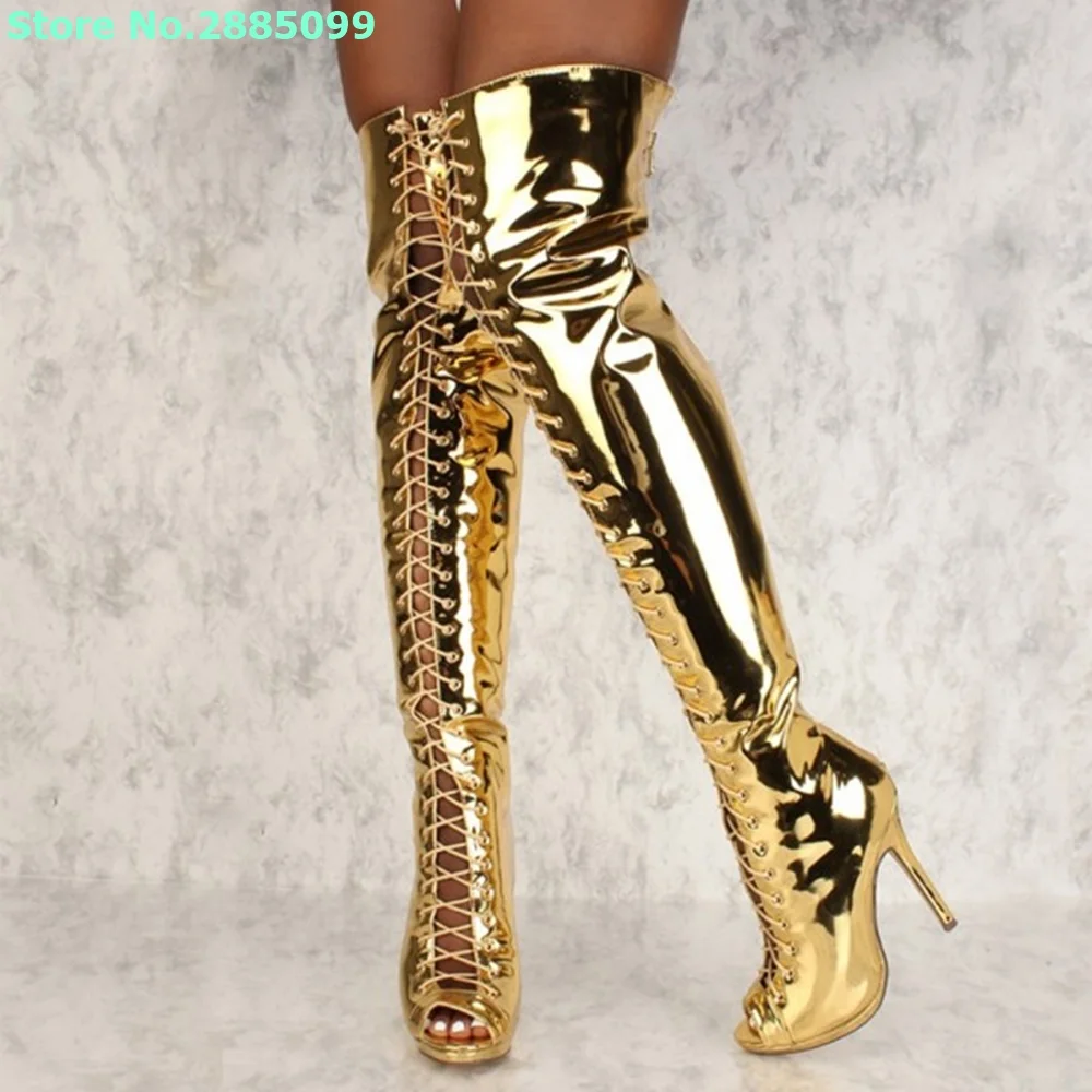 Gold Stiletto Heel Thigh High Boots 