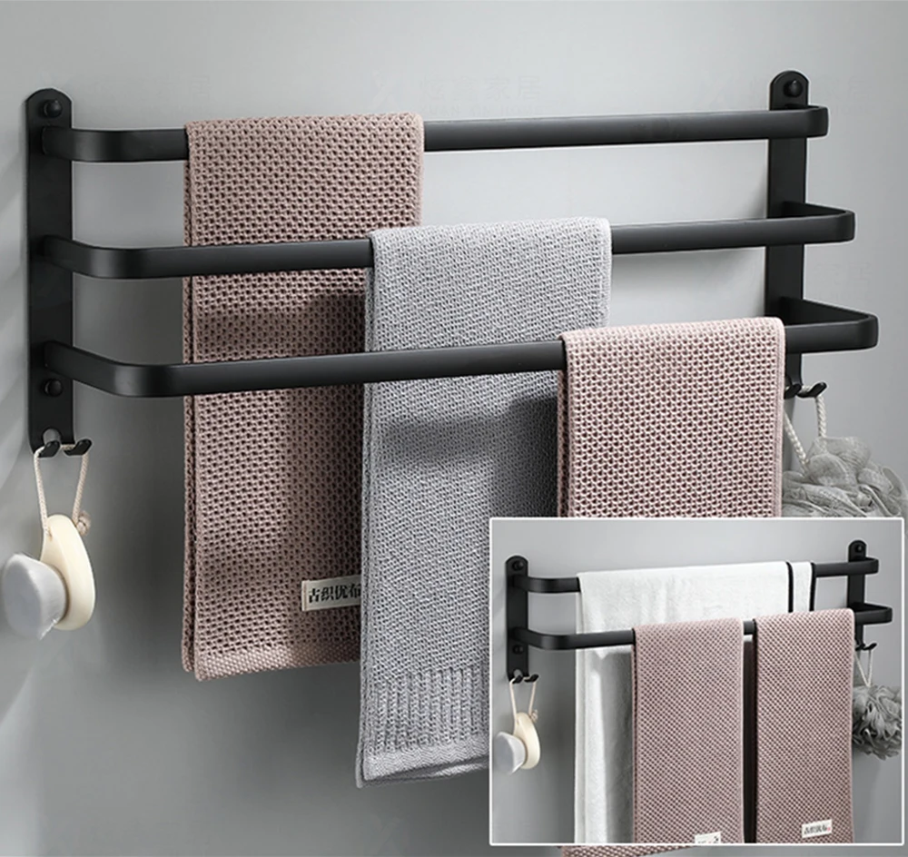 Bathroom Towel Rack 30-60CM Wall Mounted Shower Room Holder Kitchen Aluminum Multilayer Layer Wiht Hook Black Hanger Accessories