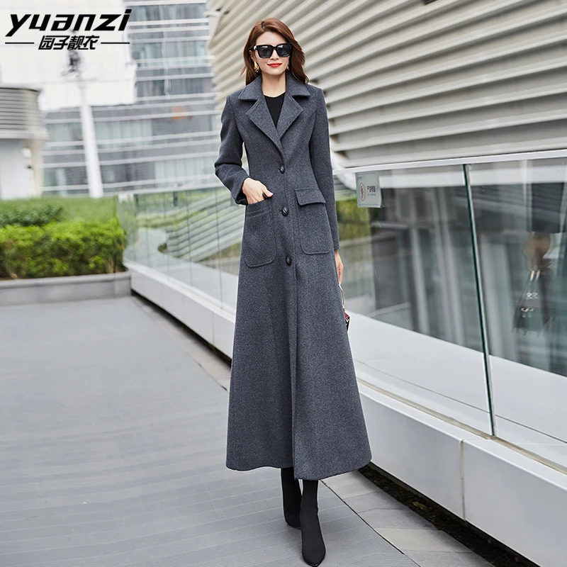 Autumn New Elegant Slim Dark Gray Thicken Wool Coat Female Turn-down Collar Single-breasted Outwear Plus Size Winter Long Coat