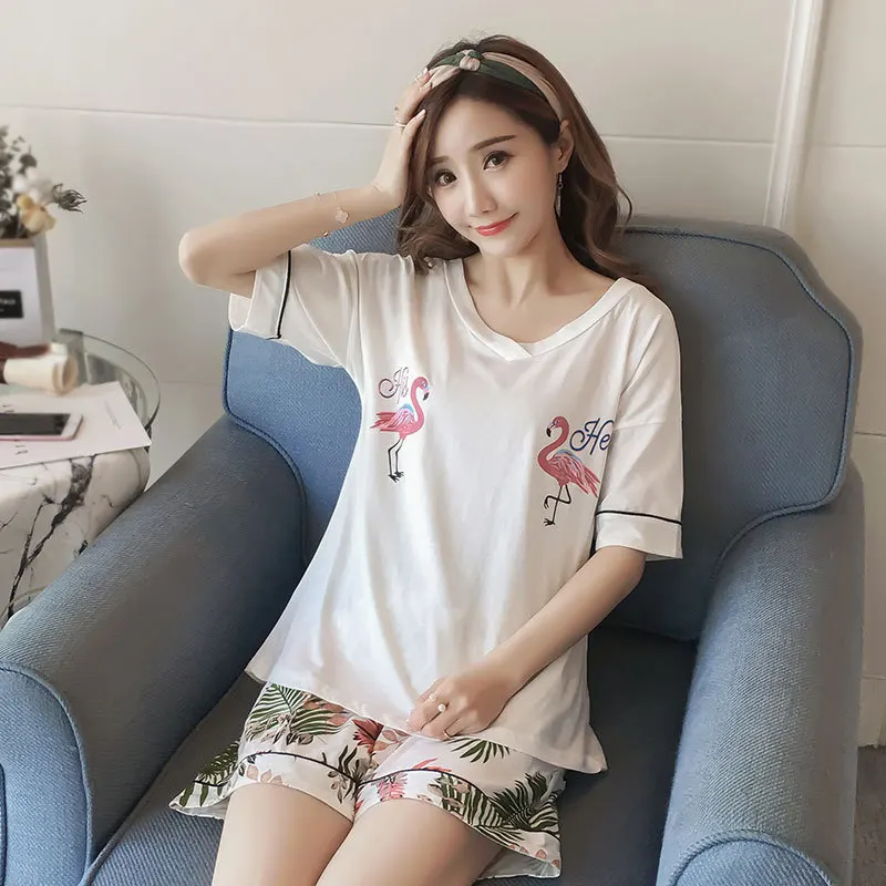 

[[Jun xin] Summer 6535 Knitted Cotton Short Sleeve Set Cartoon V-neck 2 Flamingo Pajamas Women's