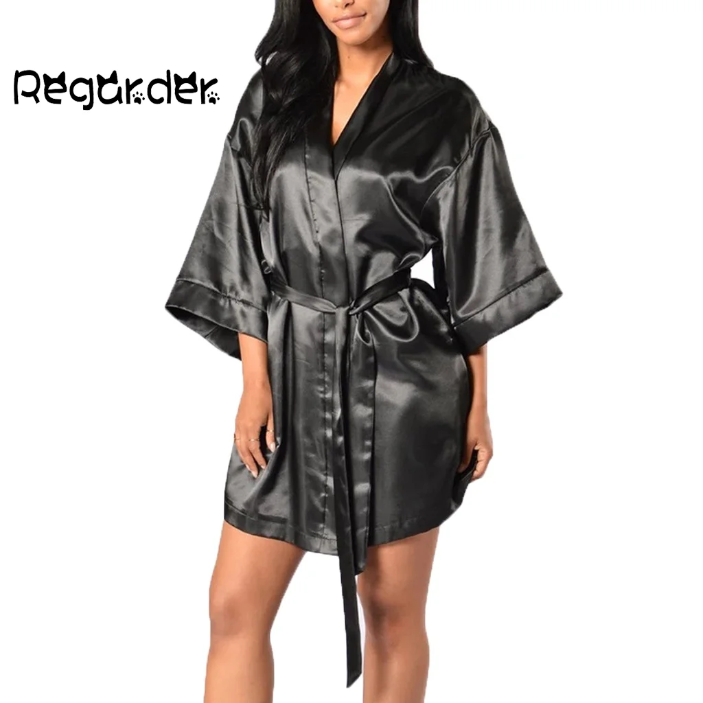 Халат-кимоно Женский Шелковый темно-синий атласный | Женская одежда