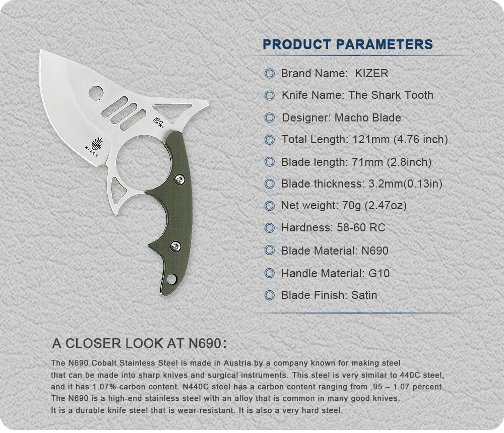 Kizer Cutlery 1043N1 Macho Blades The Shark Tooth Fixed Blade Knife 2.8  N690 Satin Drop Point, Green G10 Handles, Kydex Pocket Sheath - KnifeCenter