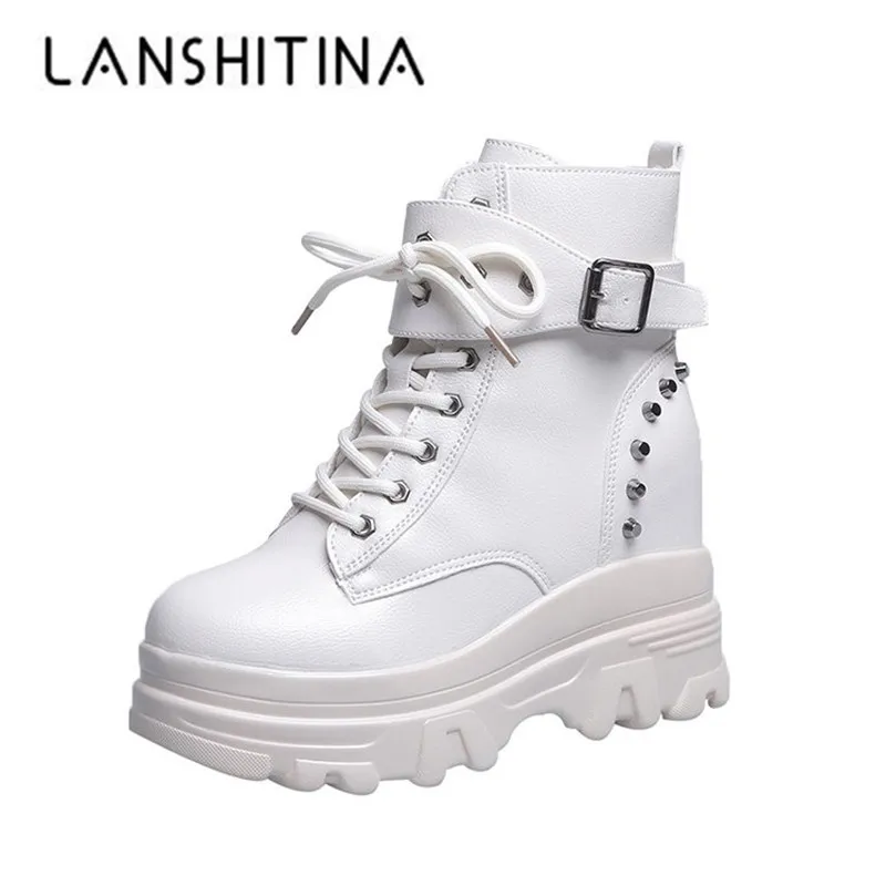 

Casual Women Ankle Boots Autumn Thick Bottom High Top Rivet Sneakers Leather Platform Booties 10CM Heels Winter Warm Fur Boots