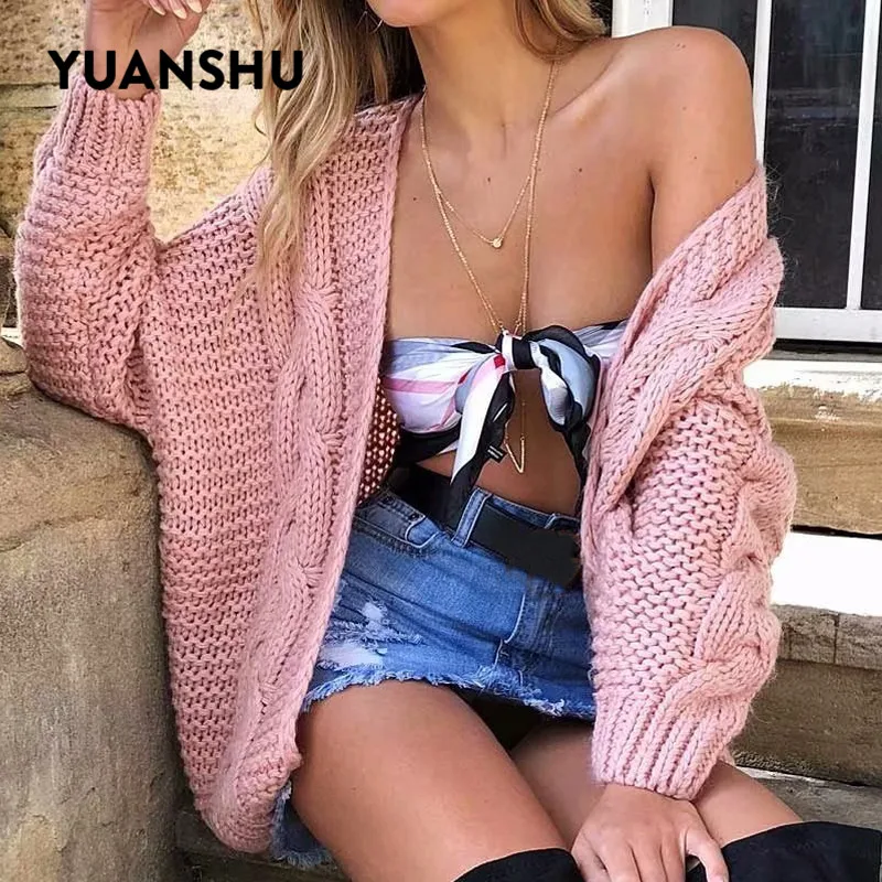 YUANSHU шикарный осенне-зимний Кардиган ручной вязки Женский грубый плотный длинный