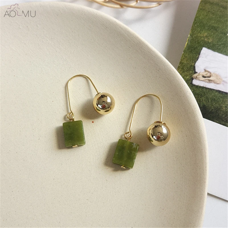 

AOMU Statement Fashion Natural Stone Green Geometric Rectangle Metal Bead Dangle Drop Earrings for Women Girl Gifts Pendientes