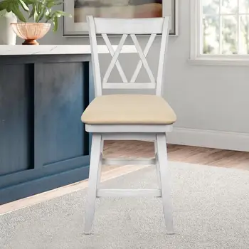 

White Swivel Bar Stool Wood Solid Upholstered Counter Bar Stools Cushioned Seat Wooden Dining Chairs for Kitchen Cafe Outdoors
