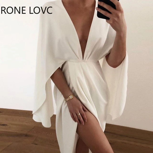 plunge ruched detail slit cape sleeve dress