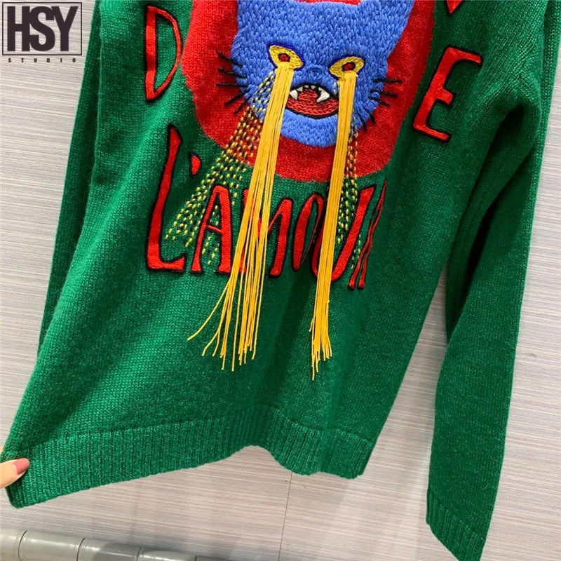 【HSY】 осенний женский свитер с надписями, нашивками в виде кота, вышивкой, бахромой сзади, v-образным вырезом, однобортный свободный зеленый свитер из мохера