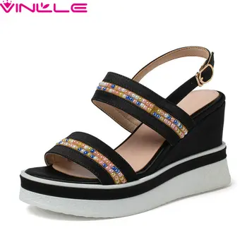 

VINLLE 2020 Platform Buckle Summer Women Pumps Open-toed Fashion String Bead Sandals Wedge High Heel Women Shoes Big Size 34-42