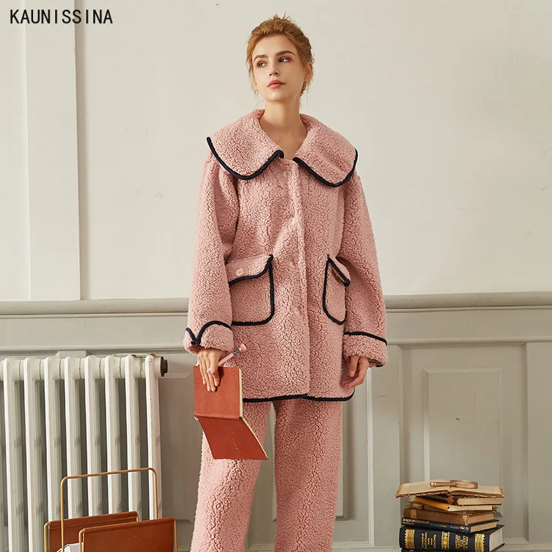 

Women Winter Pajamas Suits Lamb Velvet Warm Homewear Cashmere Pockets Long Sleeve Pajama Sets Homewear Female Loungewear
