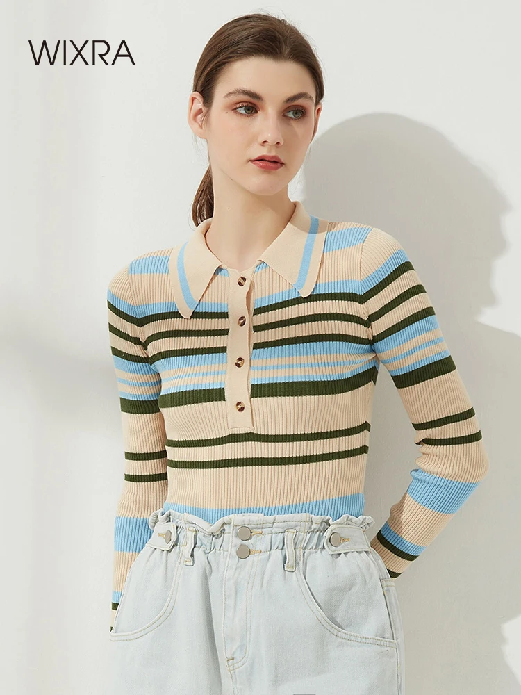 

Wixra Womens Slim Fit Sweater Bodysuit Turn Down Collar Striped Spring Autumn Female Knit Strenchy Long Sleeve Jumpers