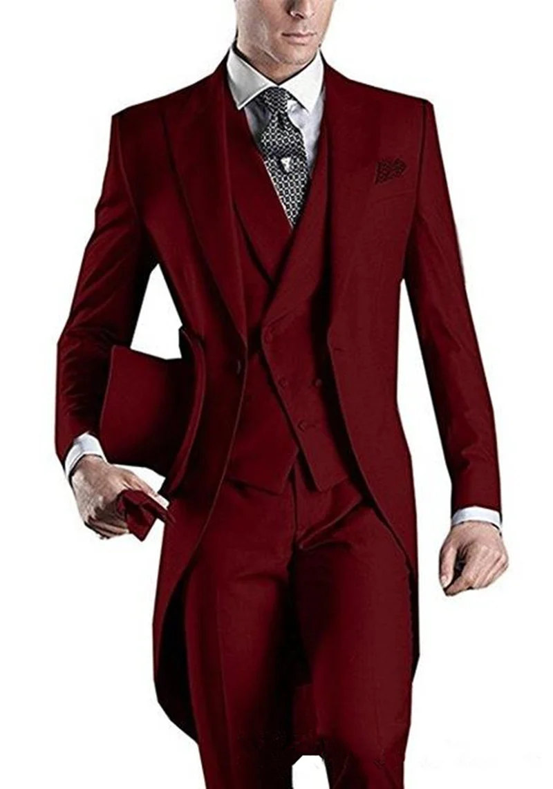 Made White/Black/Grey/Burgundy Tailcoat Men Party Prom Groomsmen Suits For Wedding Tuxedos Jacket+Pants+Vest