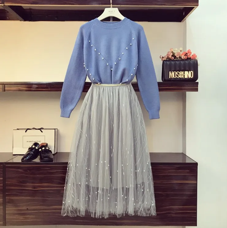 Blue Новые осенние модные женские комплекты с бусинами и круглым вырезом трикотажные пуловеры свитера+ сказочные сетчатые ультра длинные юбки Костюмы для студентов - Цвет: Blue