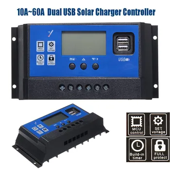 

12V 24V Auto Solar Charge Controller PWM LCD Dual USB Solar 60A/50A/40A/30A/20A/10A Cell Panel Regulator PV Home 5V Output
