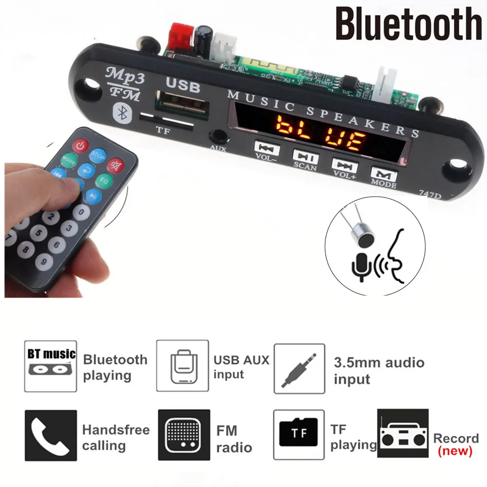 Bluetooth Handsfree радио mp3 плеер 12 В декодер плата Поддержка записи FM TF карта AUX с