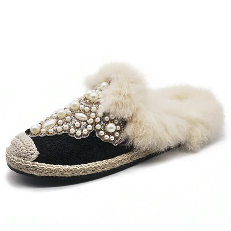 Black SLippers HTUUA/женские шлепанцы на плоской подошве с жемчужинами и пушистым мехом; женские плюшевые зимние меховые шлепанцы; домашняя обувь для улицы; SX3464 - Цвет: Black SLippers