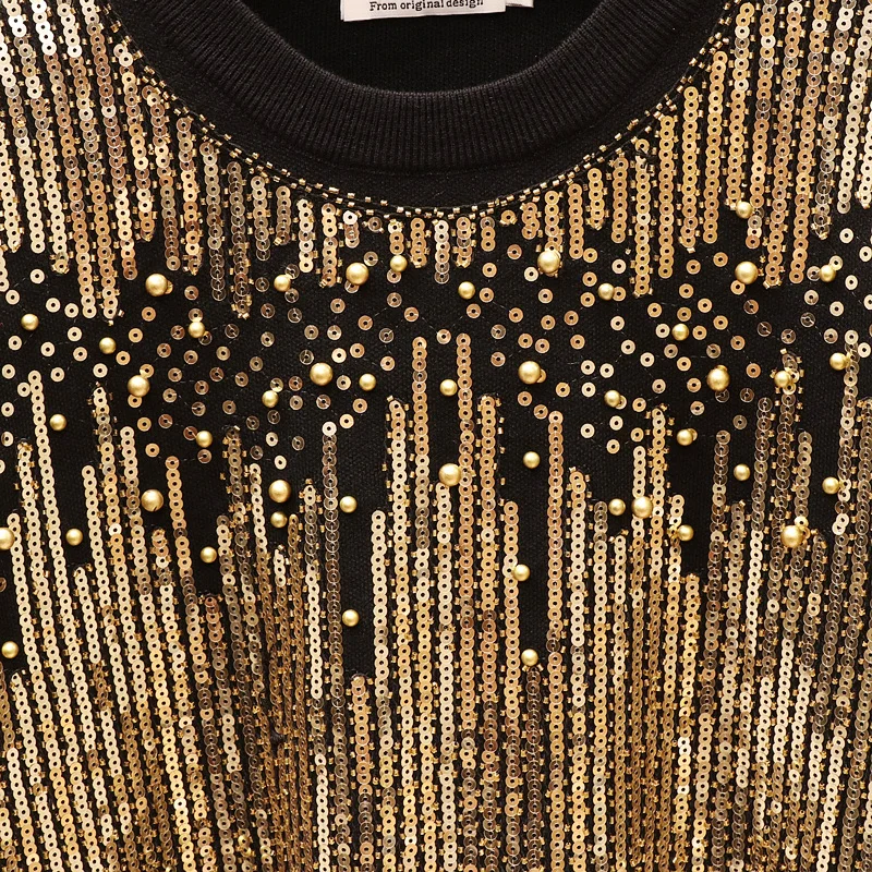 Cakucool/осенний вязаный комплект для женщин с золотыми блестками и бисером, свитер, штаны, костюм, черный свитер, женский спортивный костюм, повседневная одежда