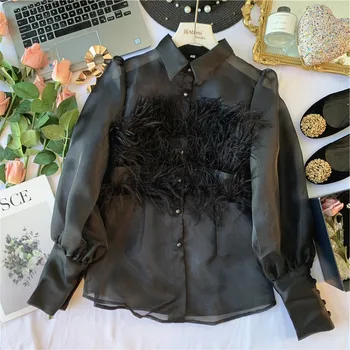 

Women's Shirt 2020 Fashion Ostrich Feather Tassels Stitching Lapel Single Breasted Shirt Sexy Perspective Organza Shirt Blouses