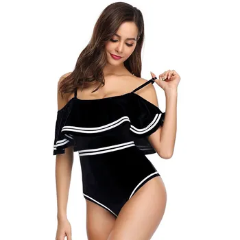 

Ruffle Swimsuit One Piece Bathing Suit Flounce Swimsuits for Women 2019 Strapless Strappy Swim Suit with Padded Red Monokini