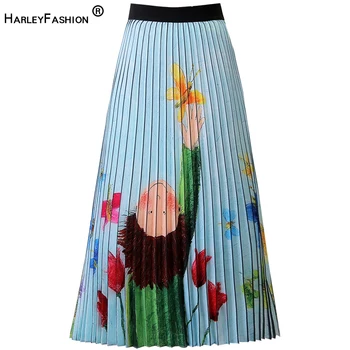 

HarleyFashion Women Cute Print Pleated Skirt Elastic Waist Graffiti Pattern All-match Quality High Street Long Skirts Saia