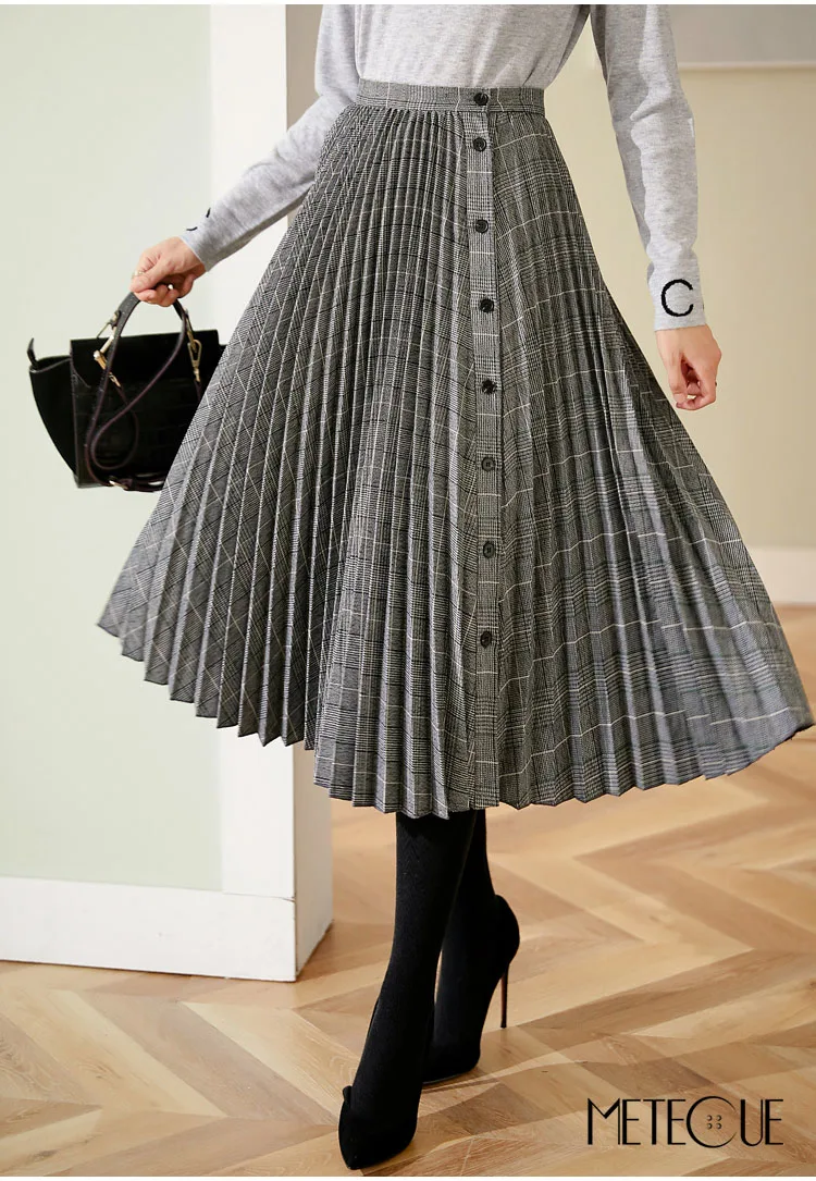 Плиссированная юбка в клетку с пуговицами спереди осенне-зимняя модная юбка миди с высокой талией Осенняя зимняя