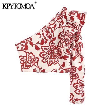 

KPYTOMOA Women 2020 Fashion Print Ruffled Cropped Blouses Vintage asymmetric Neck One Sleeve Female Shirts Blusas Chic Tops