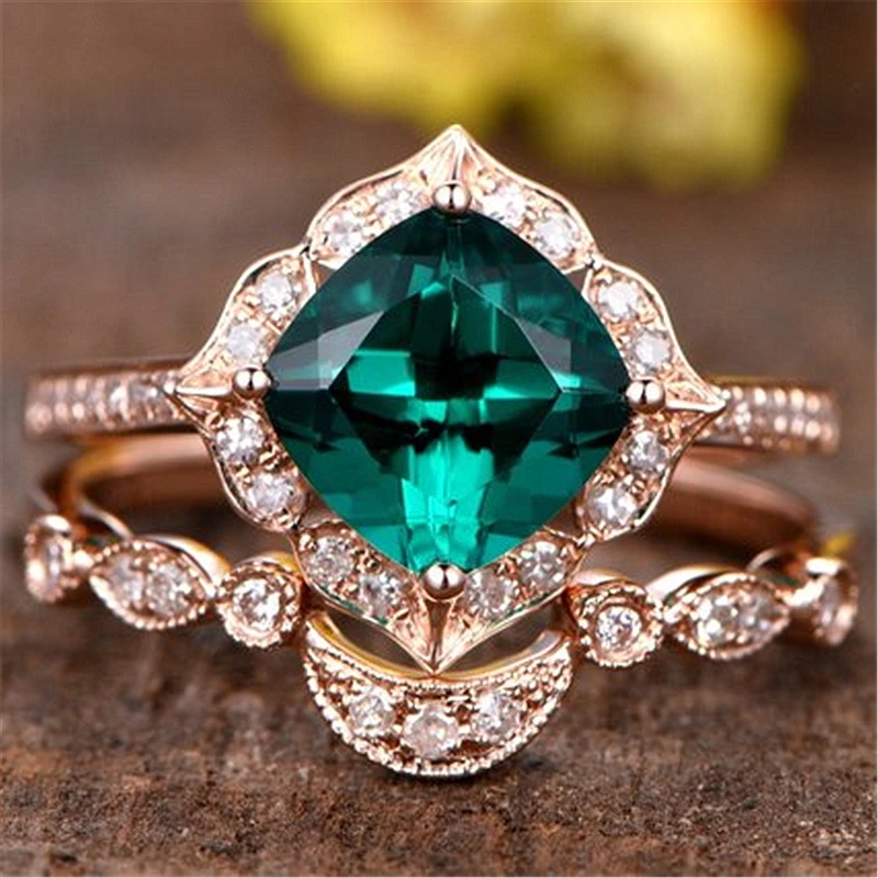 

New Style Silver 925 Jewelry Ring Geometric Shaped Green Gems Zirconia Rings for Female Wedding Party Gifts Ornaments Rose Gold