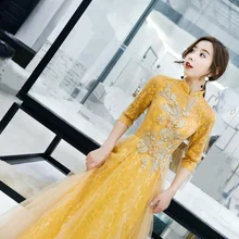 Китайский стиль, платье подружки невесты, чонсам, вечернее платье, женская желтая длинная рубашка с коротким рукавом, очень сказочное платье для банкета, высокое-ru