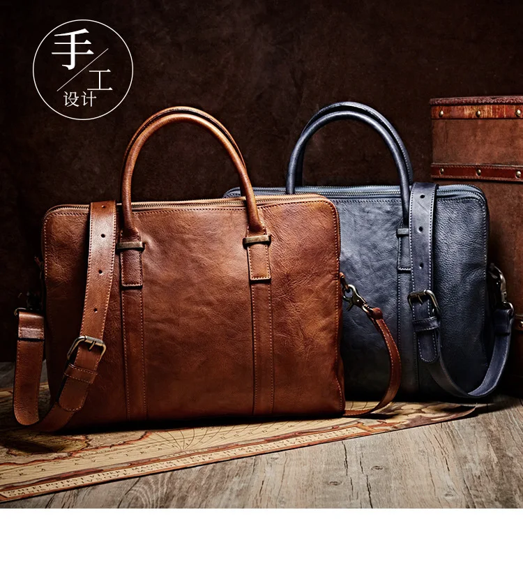 

New Men's Leather Handbag Retro Oblique Satchel Head Layer Cowhide Business Document Computer Bag Is In Stock