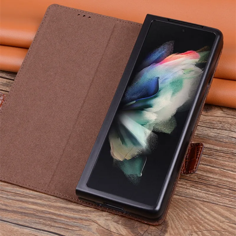 Genuine Cowhide Leather Flip Wallet Case for Samsung Galaxy Z Fold5 Fold 5 4 3 Magnetic Buckle Alligator Crocodile Grain Cover