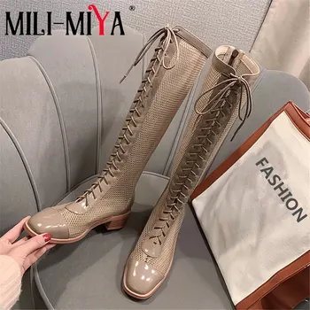 

MILI-MIYA New Fashion Womens Summer Mesh Knee High Gladiator Boots Sexy Hollow-out Square Heels Lace Up Casual Shoes Size 34-40