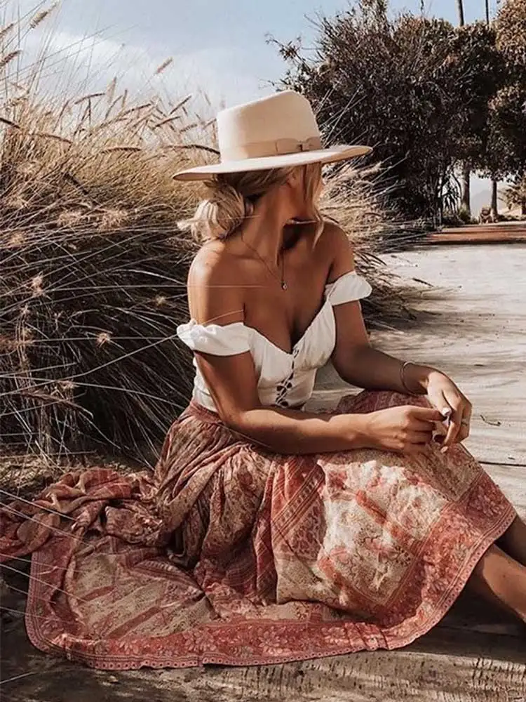 BOHO INSPRIED Boho блузка с цветочным принтом с длинным рукавом o-образным вырезом богемные свободные женские Топы повседневные шикарные весна лето блузки рубашки - Цвет: skirt