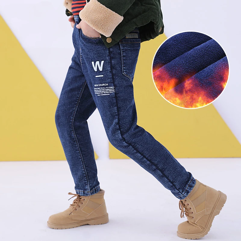 New Fashion Jeans for Boys Kids Autumn Winter Add Wool Blue Jeans Pants Elastic Waist Teenage Warm Trousers Big Kids Clothes 12Y