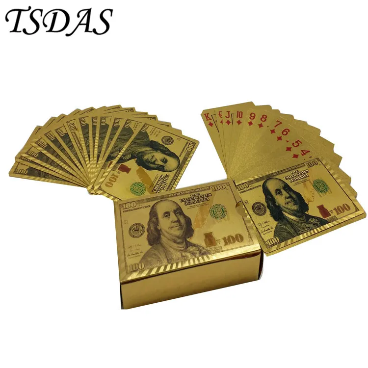 2 шт(серебро и золото) цветные пластиковые игральные карты на заказ 100 долларов+ 1 шт черный деревянный чехол