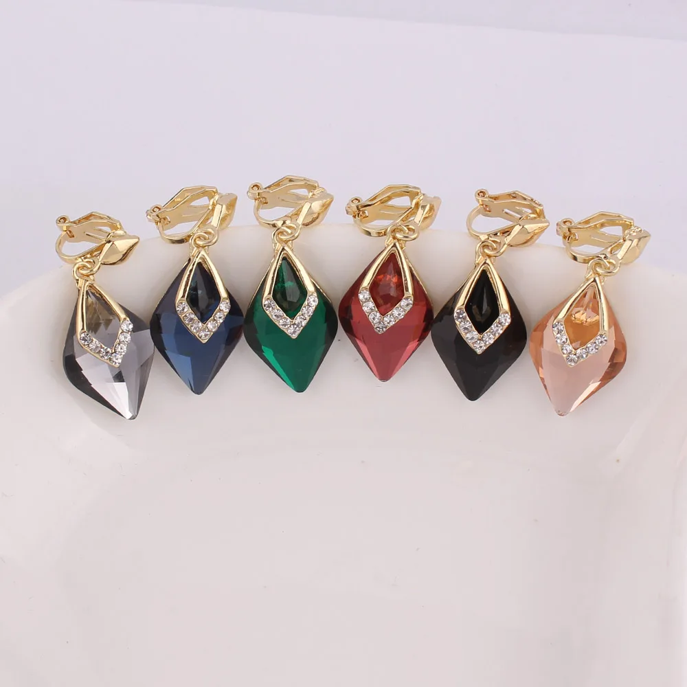 Clip Earrings 7 Colors Rhinestone Crystal Tear Drop Shape Clip on Earrings No Pierced for Women Wedding Luxury No Hole