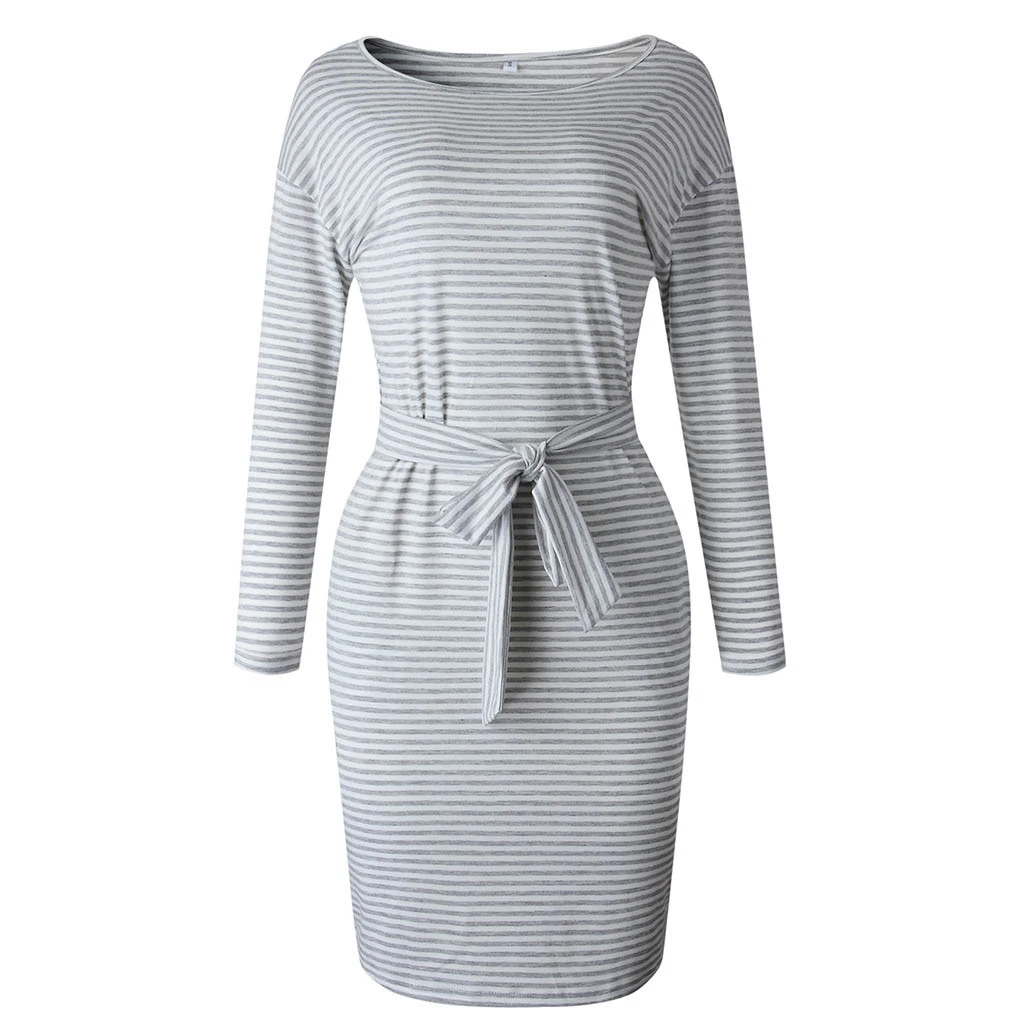 FREE OSTRICH  Hot Sales Womens Holiday New Autumn Models Fashion Stripes Long Sleeves Slim Plus Size Casual Loose Dress 930