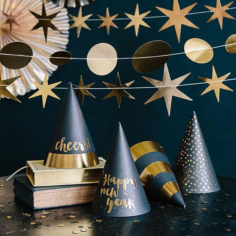 

2020 Glitter Garland Happy New Year Black Gold Paper Fan Backdrop Paper Hat Hanging Bunting Banner for Birthday Party Decoration