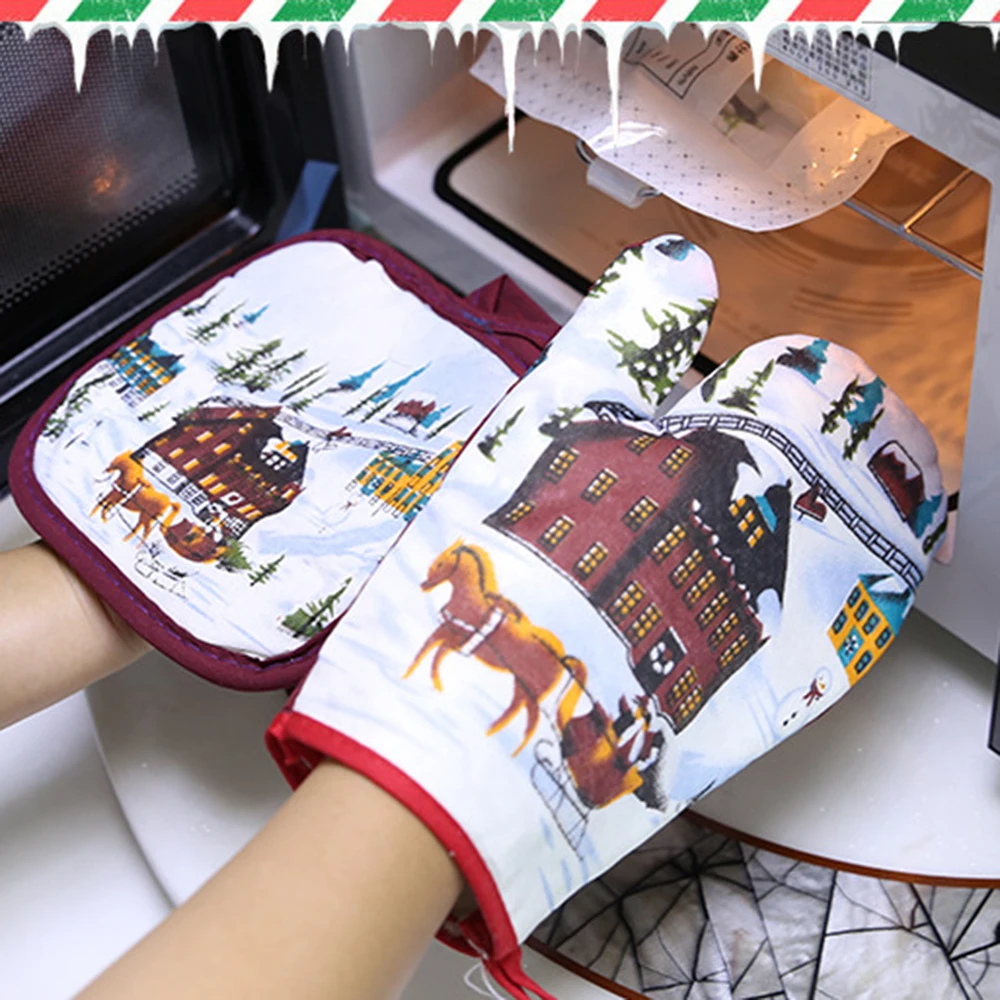 

MO-OD 2pcs Christmas Baking Anti-Hot Gloves And Pad Oven Microwave Insulation Mat for home Xmas Party Decoration Supplies