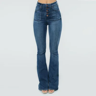 Women High Waist Button Denim Jeans Plus Size Slim Flare Pants Full Length Trousers