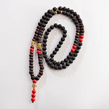 

OIQUEI 2019 Men Necklace Black Red Natural Lava Matte Stone Gold Buddha Wood Beads Yoga Necklace Women Fashion Mala Jewelry Gift