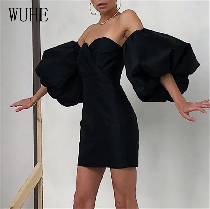 WUHE, сексуальное облегающее платье с открытой спиной и пышными рукавами, элегантное платье без бретелек, облегающее Бандажное мини-платье, красные платья для вечеринок