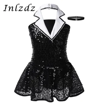 

Kids Girls Tap Jazz Leotard Dress Lapel Shiny Sequins Skirted Leotard with Choker Necklace Gymnastics Jazz Dance Costume