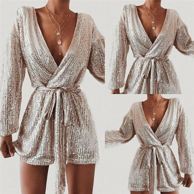 Elegant Party Rompers Female Sexy V-neck Sequins Overalls Casual Long Sleeve Club Short Jumpsuit Women Sexy Mini Playsuit