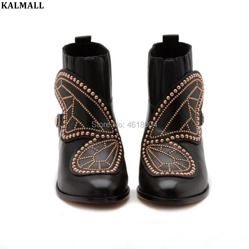 

KALMALL Chaussures Femme Gold Studs Wings Ankle Boots Slip On Chunky Heels Butterfly Leather Booties Women Fashion Party Shoes