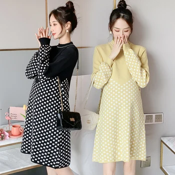 

557# Autumn Winter Knitted Maternity Dress Dot Printed Patchwork Clothes for Pregnant Women Elegant Pregnancy Sweaters Clothing