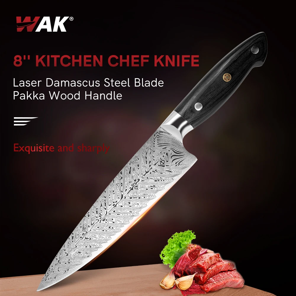 

WAK 5Cr15Mov Sharp Kitchen Chef Knife 8'' Laser Damascus Steel Slicing Cutting Kitchen Knives Smooth Pakka Wood Kitchen Knife