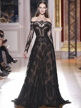 

Black Off Shoulder A-line Floor Length Applique Sequin Boat Neck Luxury Long Sleeves Evening Dresses платья знаменитостей