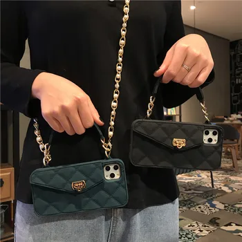 

silicone quilted cell phone bag with shoulder strap gold chain card wallet phone cover for iphone 11 pro max 7 8 plus x xr xs