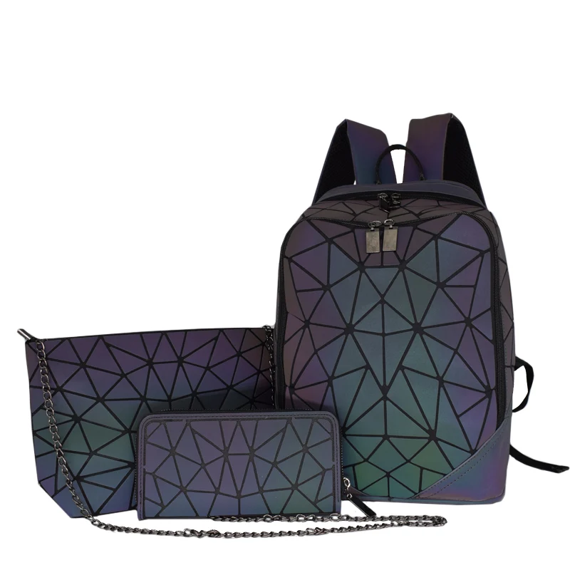 Женский рюкзак, школьная складная сумка через плечо, сумочка, голографический набор, клатч, Женские Геометрические светящиеся рюкзаки для девочек-подростков